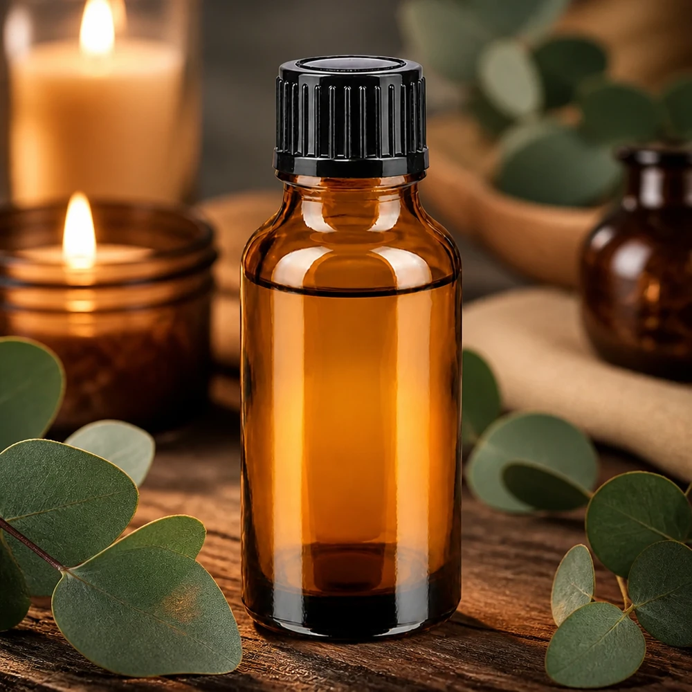 Pequeño frasco cuentagotas marrón de 20 ml, de cristal de farmacia, con tapón negro y hojas de eucalipto