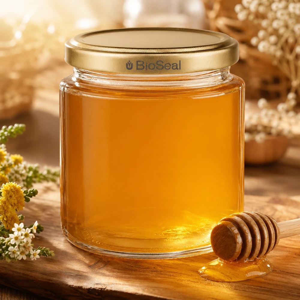 Tarro para miel de 350 g con tapa dorada BioSeal UNiTWIST Tarro de miel de 250 ml lleno de miel dorada, tapa BioSeal y cuchara de miel, presentación natural con flores