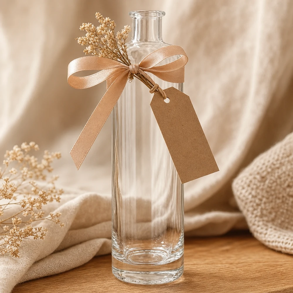 Botella de vidrio de 500 ml «Ella» sin tapón UNiTWIST® Botella de cristal de 500 ml Ella UNiTWIST de regalo decorada con cinta de raso colgante flores secas decoración estilismo
