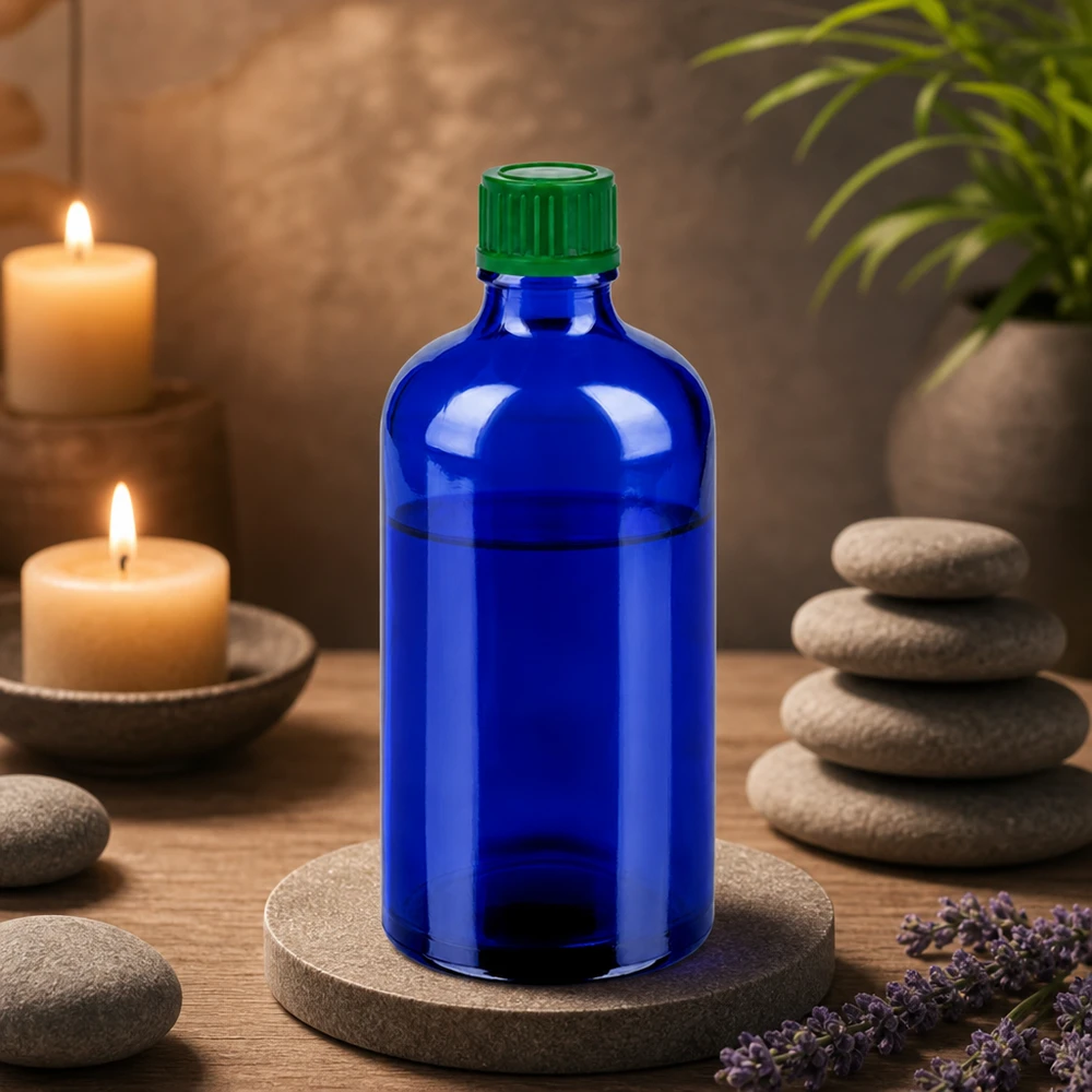 Botella compacta de vidrio de 100 ml en elegante azul con práctico tapón de rosca verde