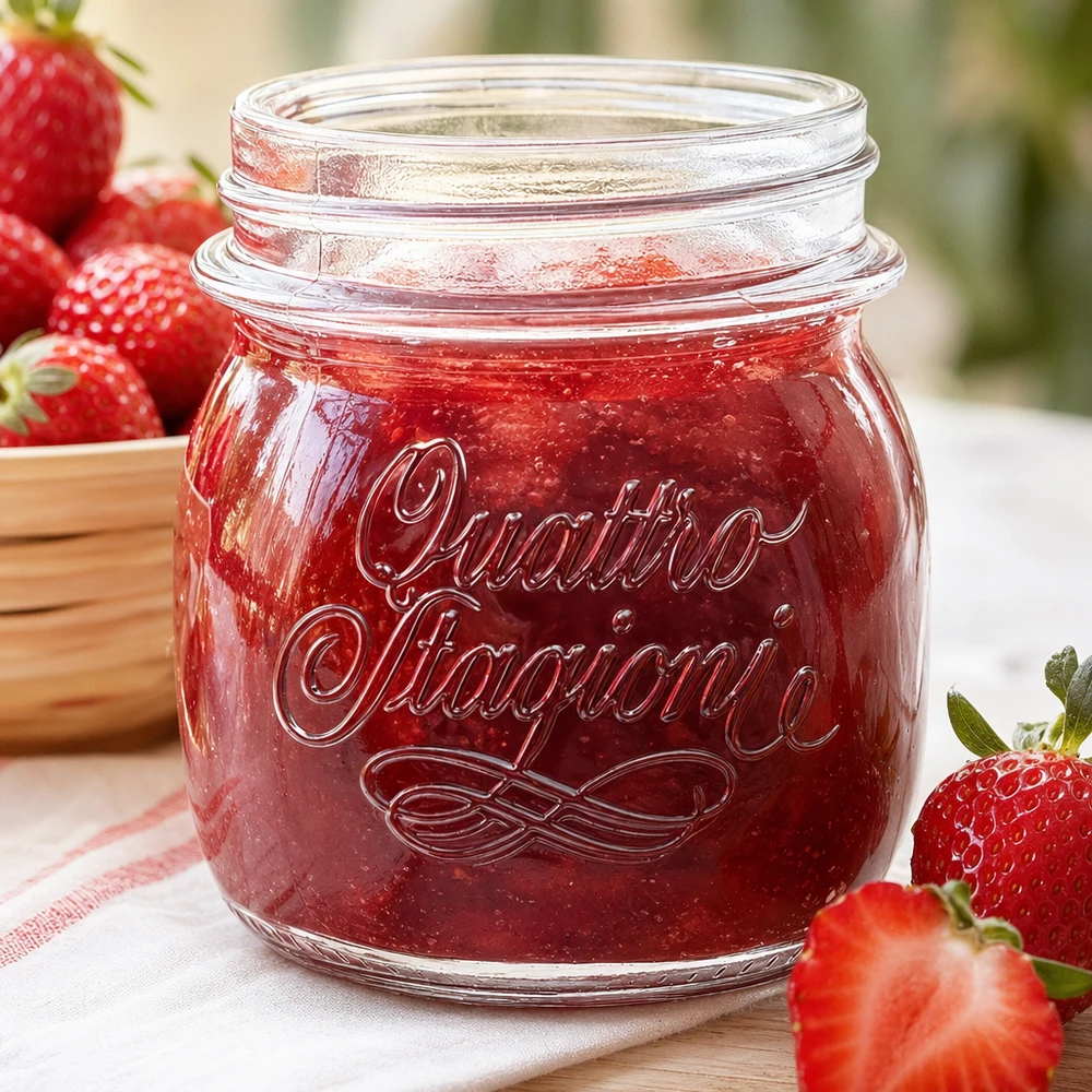 Vaso redondo de 250ml "Quattro Stagioni" QS70mm Tarro doméstico Quattro Stagioni de 250 ml lleno de mermelada de fresa junto a fresas frescas sobre una mesa de madera