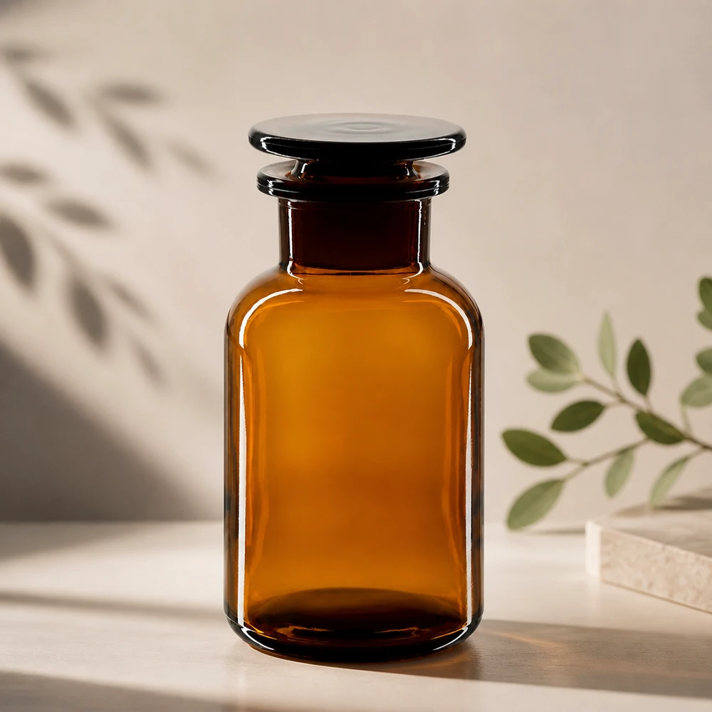 Botella de hombros redondeados, 250 ml, de vidrio ámbar, de cuello ancho con tapón de vidrio, para conservación a prueba de la luz