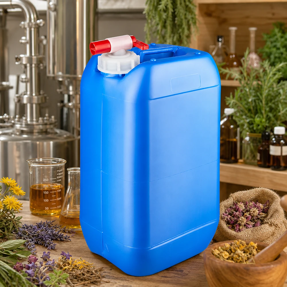 Bidón de plástico azul de 15 litros con grifo de salida, rodeado de hierbas y aceites esenciales