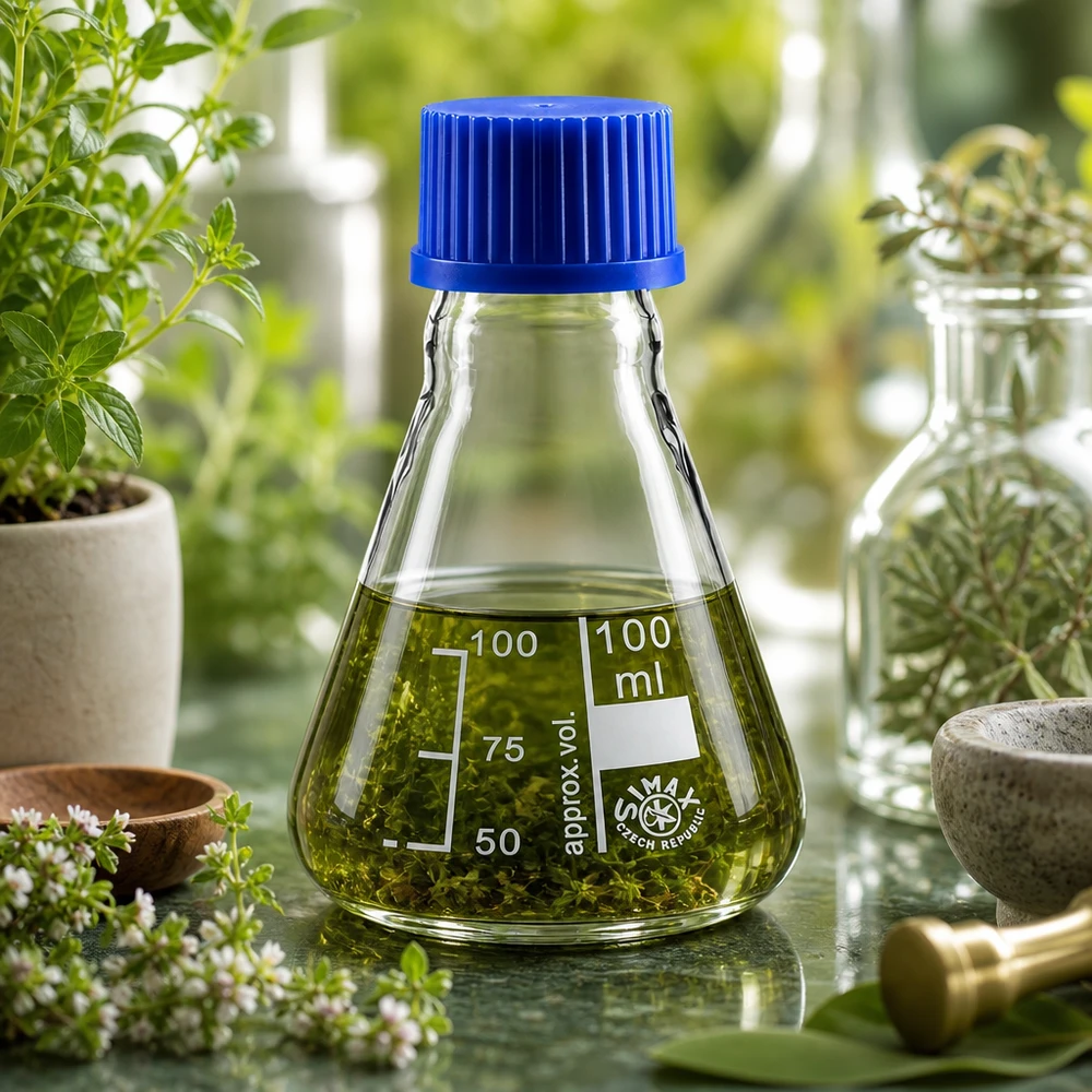 Matraz Erlenmeyer 100ml con tapón de rosca Matraz Erlenmeyer de 100 ml con tapón azul ideal para extractos de plantas y aplicaciones botánicas