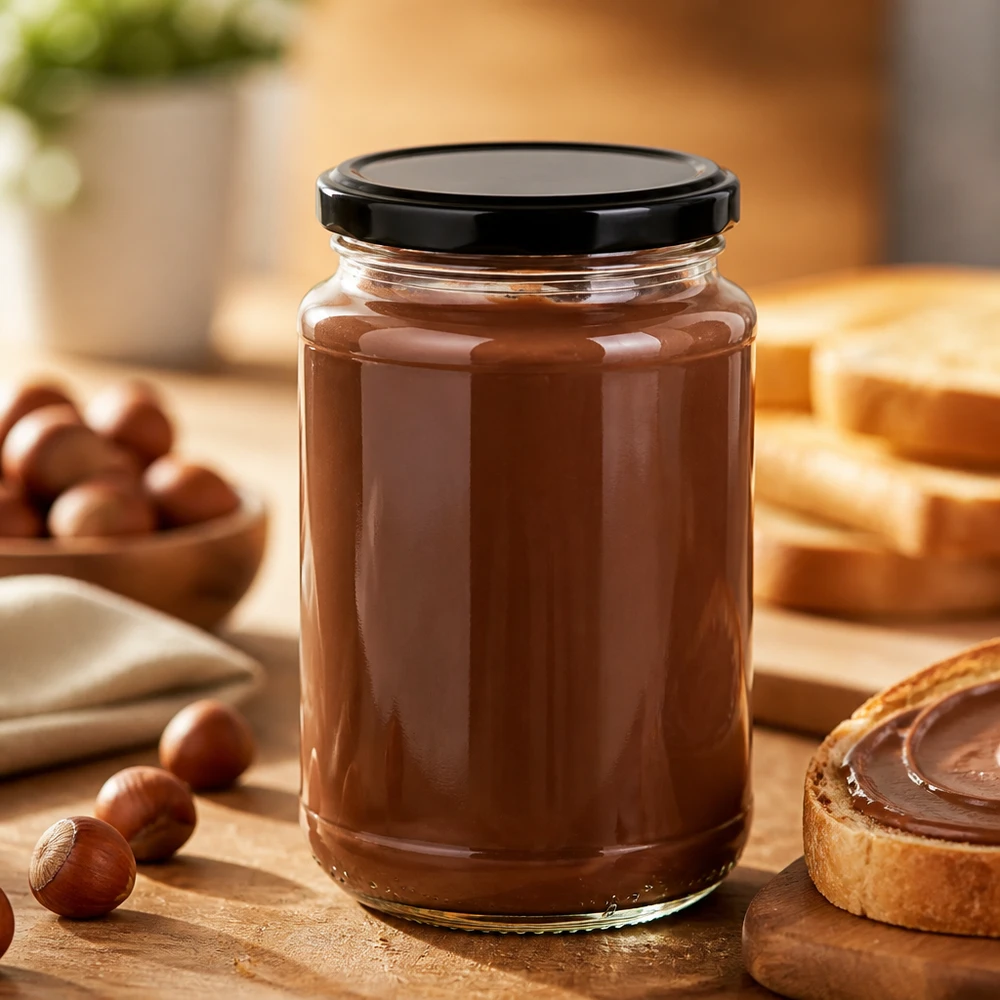 Frasco redondo de cristal UNiTWIST de 320 ml con tapón BasicSeal negro, lleno de crema de nueces y turrón, sobre una tabla de madera