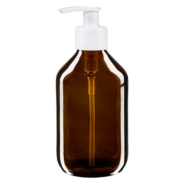 Frasco para medicamentos de 250ml marrón, con bomba dispensadora blanca ApoGlas Frasco para medicamentos de 250ml marrón, con bomba dispensadora blanca ApoGlas