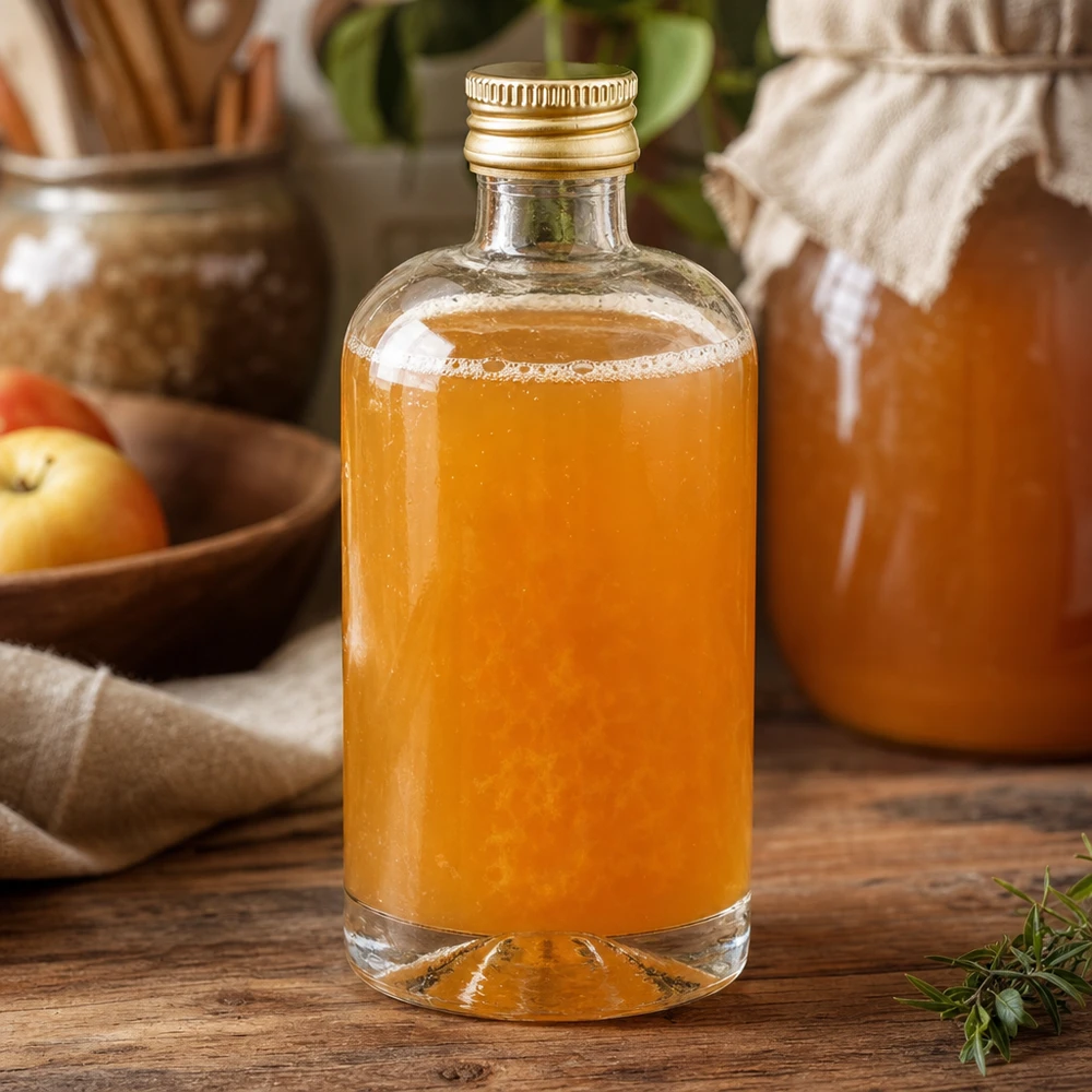 Botella de vidrio de 40 ml «Sara» con tapón de rosca dorado UNiTWIST® Botella de cristal Sara de 40 ml con contenido de color naranja y tapón UNiTWIST dorado sobre una mesa rústica de madera con manzanas