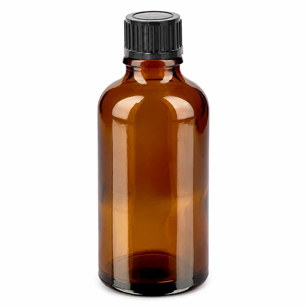 Frasco de vidrio marrón de 50 ml con tapón de rosca negro para aceites esenciales y cosméticos