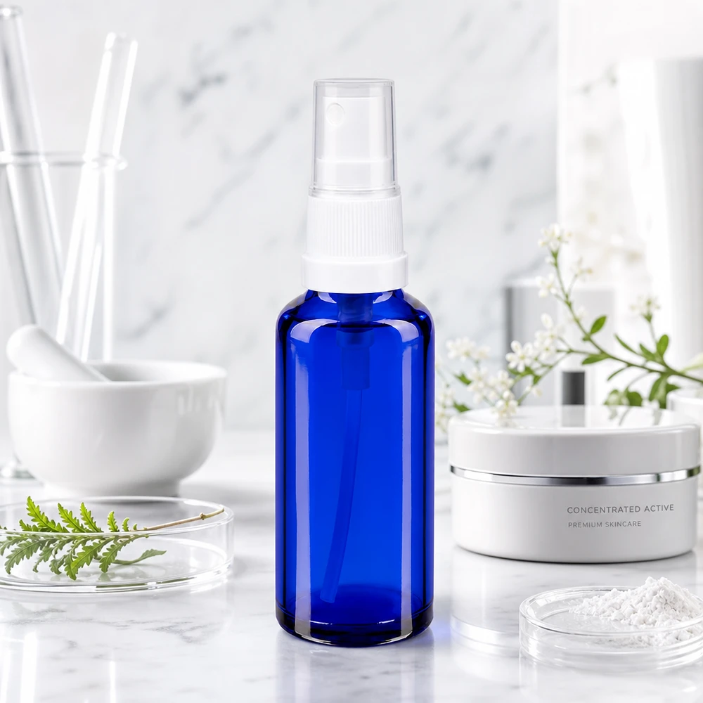 Frasco pulverizador de cristal de farmacia de 30 ml, de color azul cobalto, con pulverizador blanco, en un entorno de laboratorio de cuidado de la piel