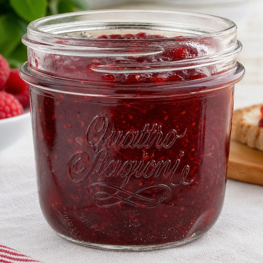 Vasos "Quattro Stagioni" de 200 ml QS86mm Quattro Stagioni 200ml Einmachglas mit roter Marmelade gefüllt - perfekt für hausgemachte Konfitüren und Aufstriche