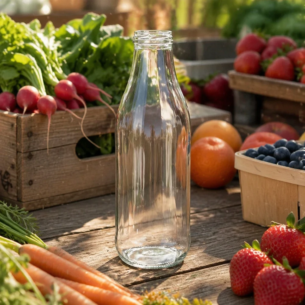 Frasco de vidrio 1000ml sin tapa (TO48) UNiTWIST 1000ml UNiTWIST botella de vidrio TO48 vacía sobre mesa de madera con frutas y verduras frescas Paisaje al aire libre aspecto naturaleza