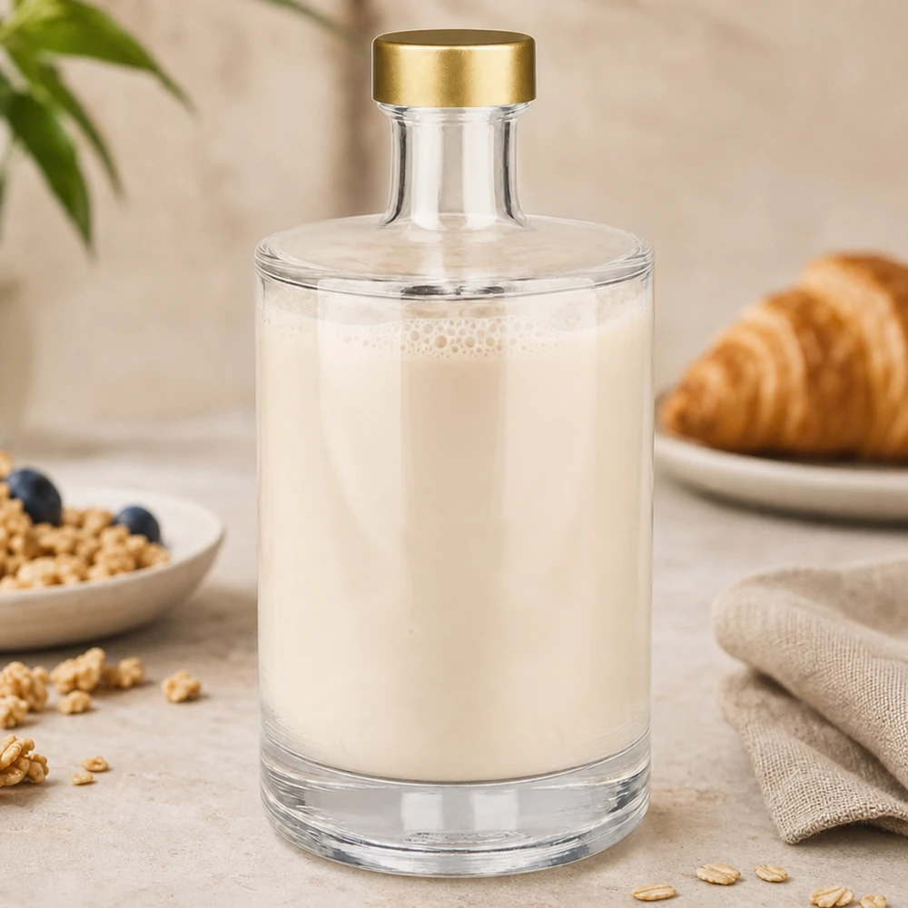 Botella de cristal de 500ml Sam llena de leche blanca tapón dorado UNiTWIST Ambiente Desayuno Croissants Frutos secos