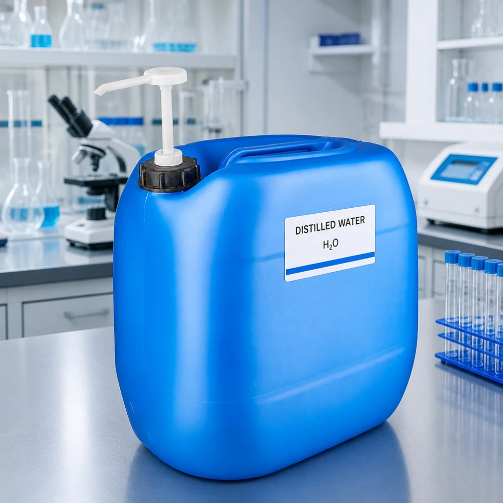 Bidón de laboratorio de 30 litros, azul, con bomba dosificadora para agua destilada H₂O