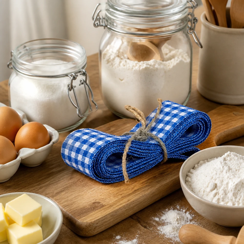 Cinta de tela azul y blanca para decorar, 300 cm Cinta de tela a cuadros azules y blancos de 300 cm dispuesta sobre una tabla de madera entre ingredientes de repostería como harina, huevos y mantequilla.