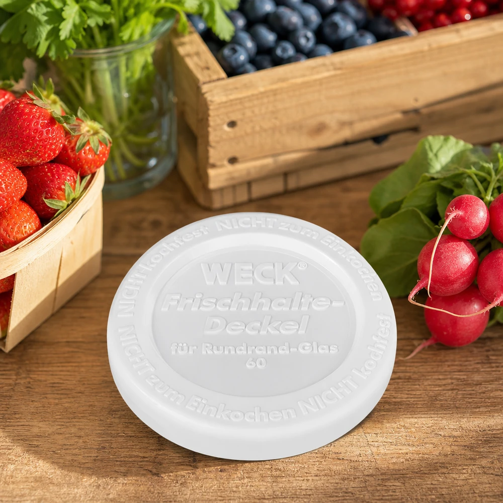 WECK Keep-fresh tapa RR60 Escena de estilo de vida mesa de madera fruta fresca verduras fresas arándanos rábanos hierbas aromáticas
