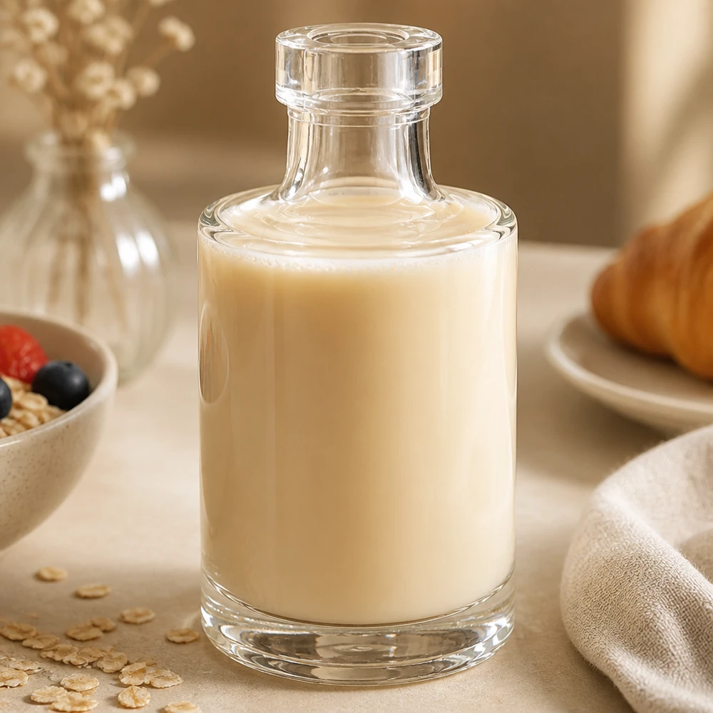 Botella de vidrio de 100 ml «Marie» sin tapón UNiTWIST® Botella de cristal Marie de 100 ml con contenido cremoso en un elegante ambiente de cocina con muesli y copos de avena como decoración