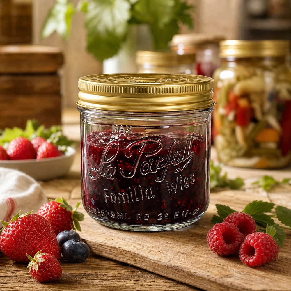 Familia Wiss tarro de cristal de 539 ml con tapa de rosca dorada sobre tabla de madera con fresas, frambuesas y mermelada