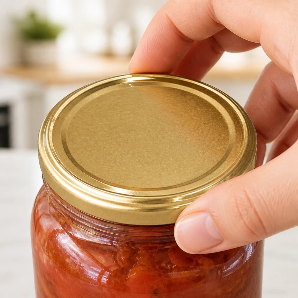 La tapa para conservas UNiTWIST TO82 dorada se enrosca en un frasco de cristal con salsa de tomate BioSeal unitemp