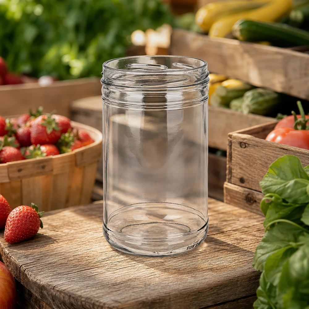 Vasos de 1053ml sin tapa (TO100) UNiTWIST Vaso UNiTWIST 1053ml TO100 tarro de conserva vacío entre verduras frescas y fresas sobre tabla de madera en cocina