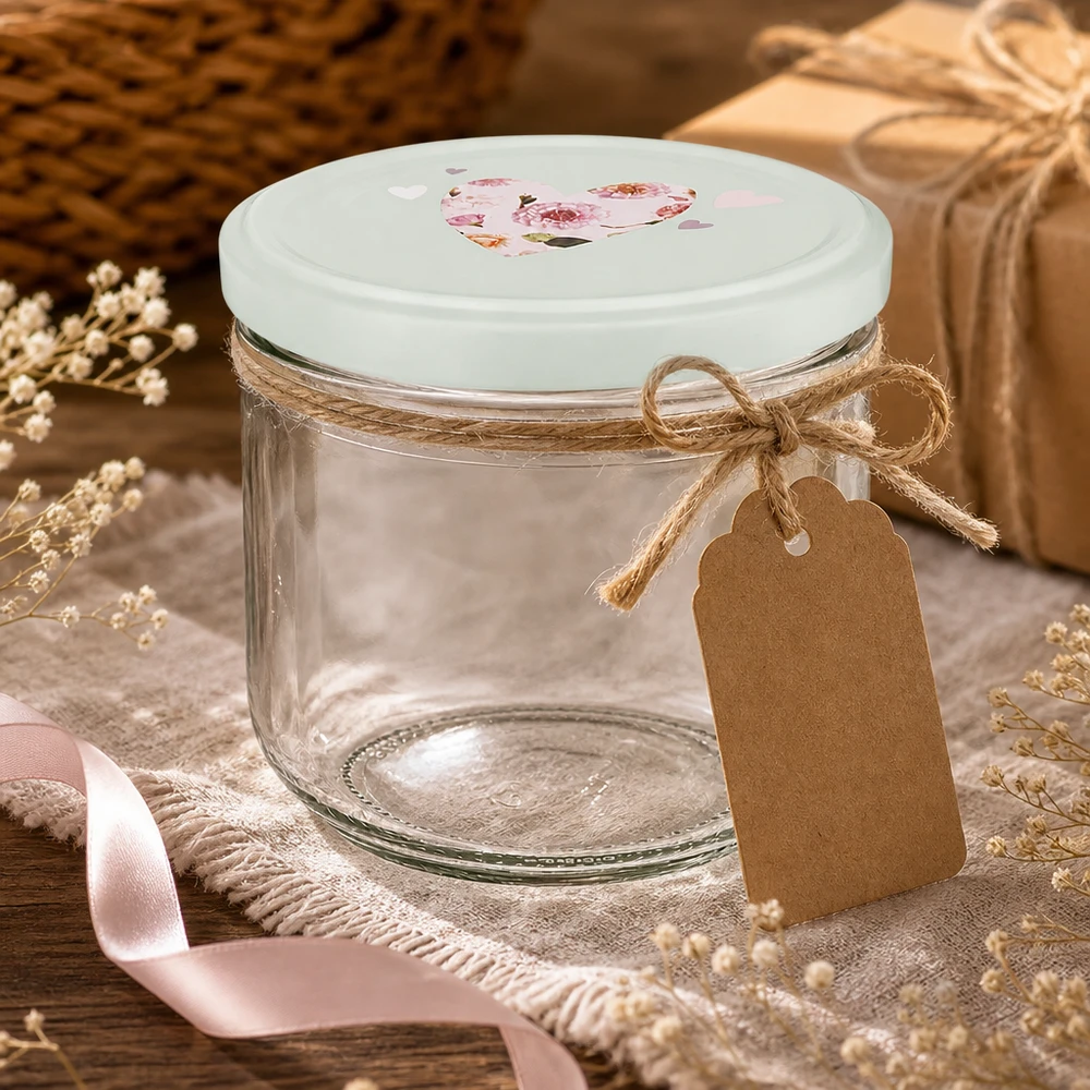 Vasos de 260 ml vacíos con tapa BasicSeal motivo corazón, caja de regalo con cordón de yute y etiqueta, decoración