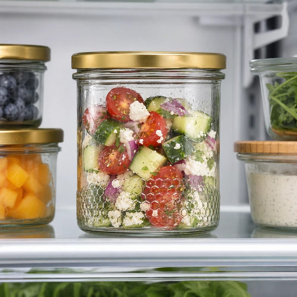 Tarro de miel de 400 ml con tapa BasicSeal oro UNiTWIST como tarro de ensalada en la nevera lleno de ensalada griega