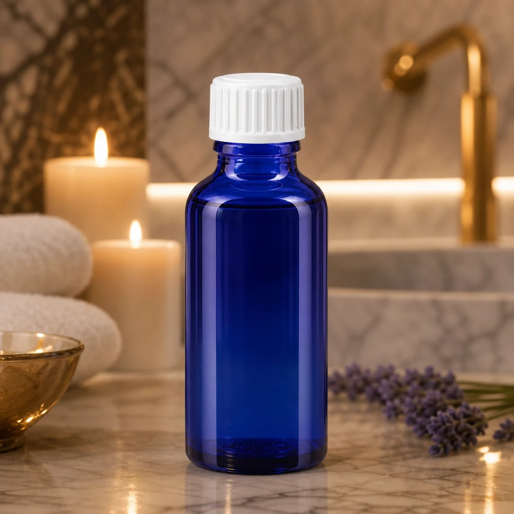 Botella de cristal azul de 30 ml con tapón de rosca blanco sobre mármol, junto a velas y lavanda