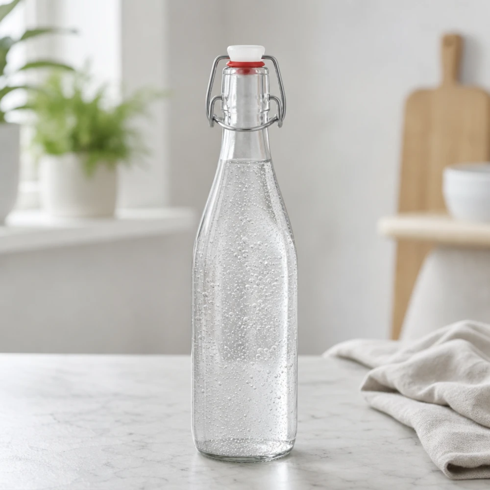 Botella de vidrio de 500 ml + tapa abatible de PVC UNiTWIST Botella de cristal de 500 ml con tapón giratorio llena de agua con gas botella de agua con gas para beber en la cocina moderna
