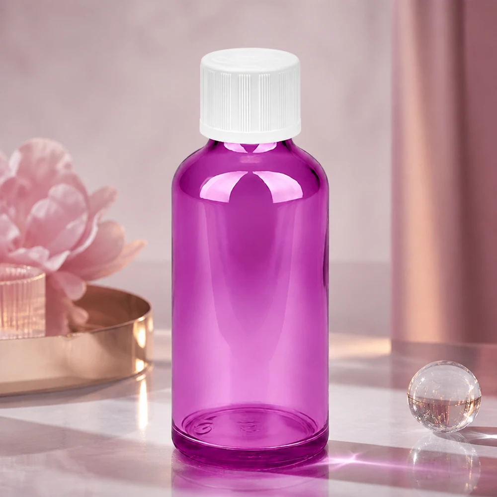Frasco cuentagotas de 50 ml con abertura de 1,2 mm y elegante aspecto morado para aplicaciones de aromaterapia