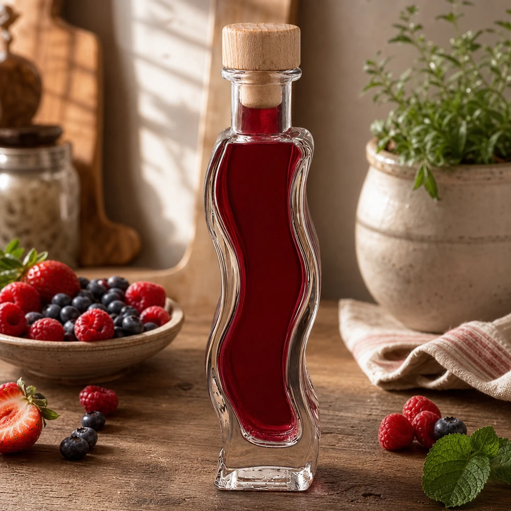Botella de vidrio de 100 ml «Melissa» con tapón de corcho con asa de madera UNiTWIST® Botella de cristal de 100 ml de Melissa llena de zumo de bayas rodeada de fresas frescas frambuesas arándanos corcho de madera