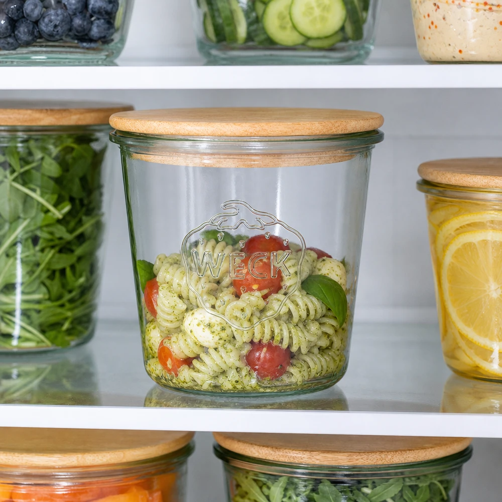 Vaso WECK RR100 de 580ml con tapa de madera WECK 580ml mason jar con tapa de madera llena de ensalada de pasta en la nevera para el almacenamiento de alimentos frescos