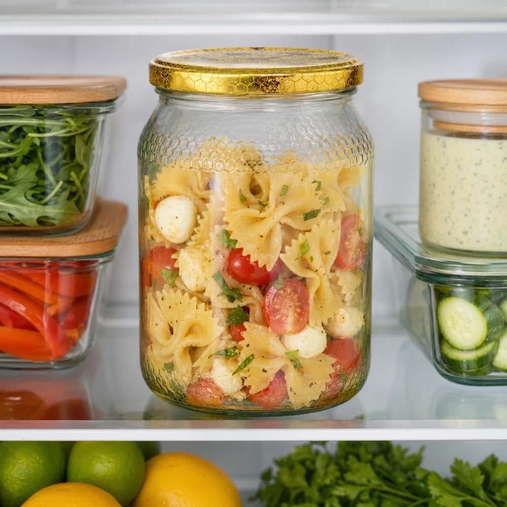 Tarro para miel de 1260 g con tapa con diseño de panal BasicSeal UNiTWIST 900ml Honigglas mit goldenem Bienenwaben-Deckel zur Nudelsalat-Aufbewahrung im Kühlschrank zwischen anderen Vorratsgläse