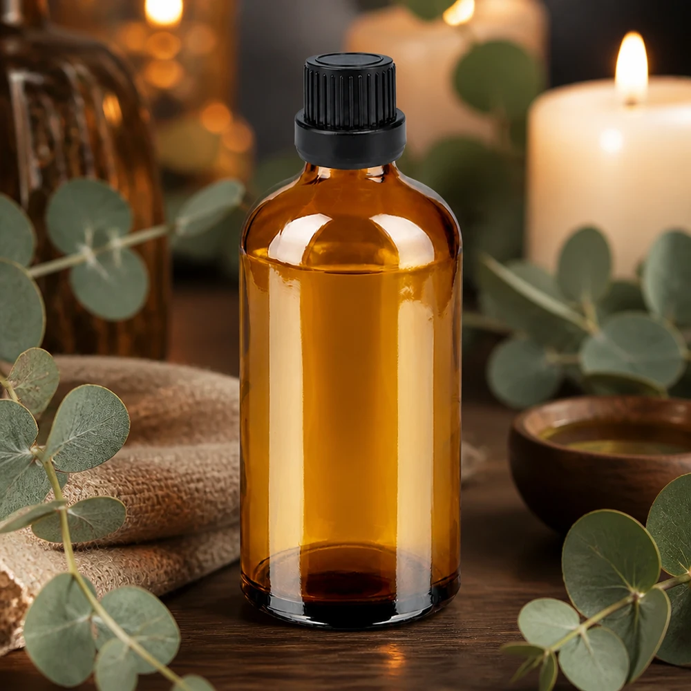 Frasco de vidrio ámbar de 100 ml de alta calidad con protección UV y tapón negro para aromaterapia
