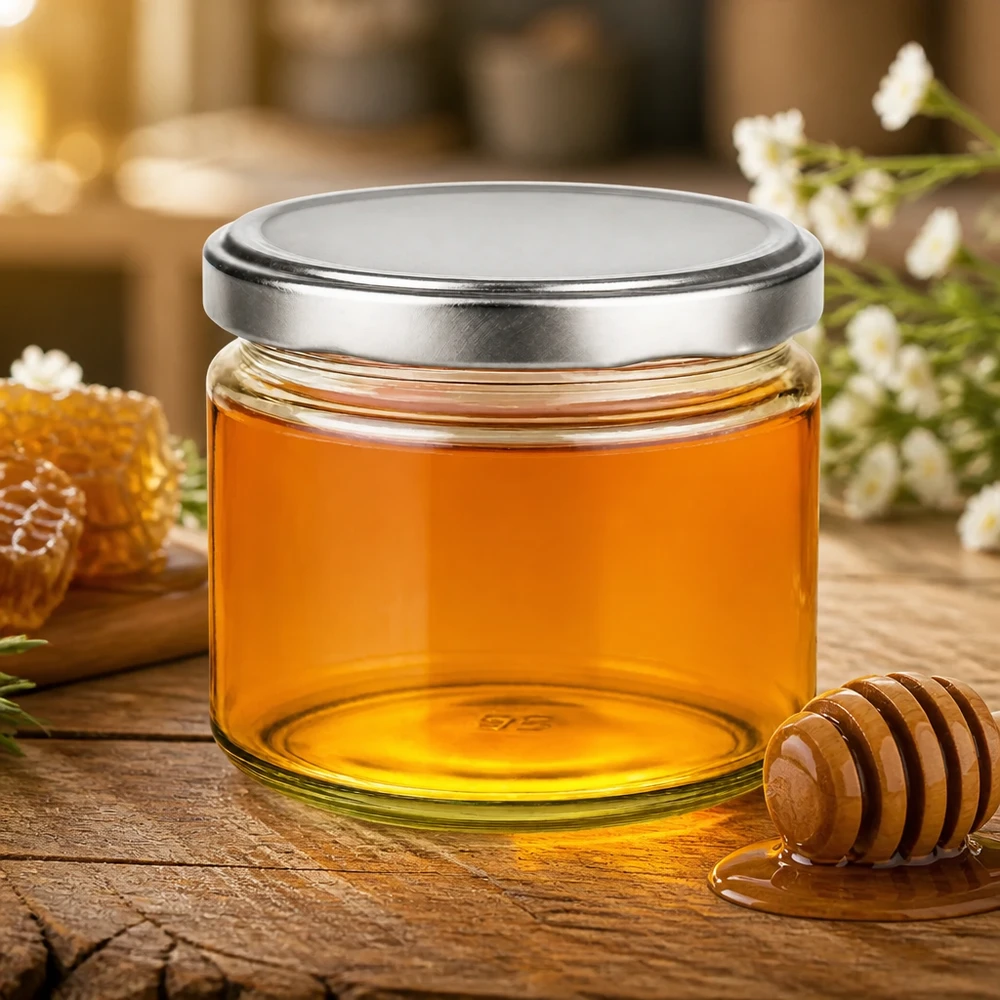 Tarro redondo de 330 ml con tapa plateada BasicSeal lleno de miel Tarro de miel con cuchara de miel ambiente rústico