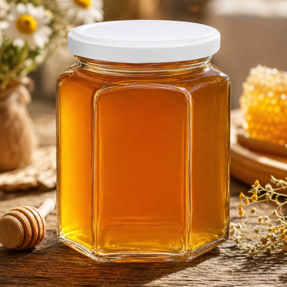 Tarro de miel hexagonal de 400 g lleno de miel amarilla dorada rodeado de cera de abeja y manzanilla sobre una mesa de madera