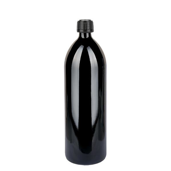 Botella de vidrio violeta redonda (botella de agua) 1000ml, DIN-CET PP28 STD, incl. tapón de rosca negro 103575 Botella de vidrio violeta redonda (botella de agua) 1000ml, DIN-CET PP28 STD, incl. tapón de rosca negro 103575
