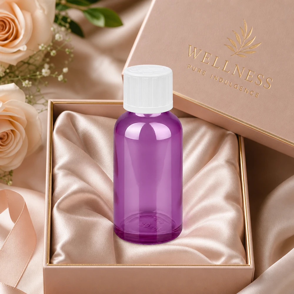 Frasco cuentagotas wellness premium de 30 ml en elegante color morado con acabado de alta calidad para cosméticos de lujo