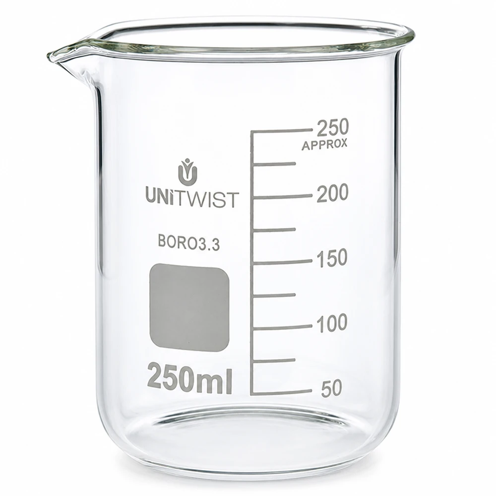 Vaso 250 ml borosilicato, molde bajo UNiTWIST Vaso de precipitados de 250 ml de borosilicato, de forma baja, modelo UNiTWIST, con escala de mililitros hasta 250 ml