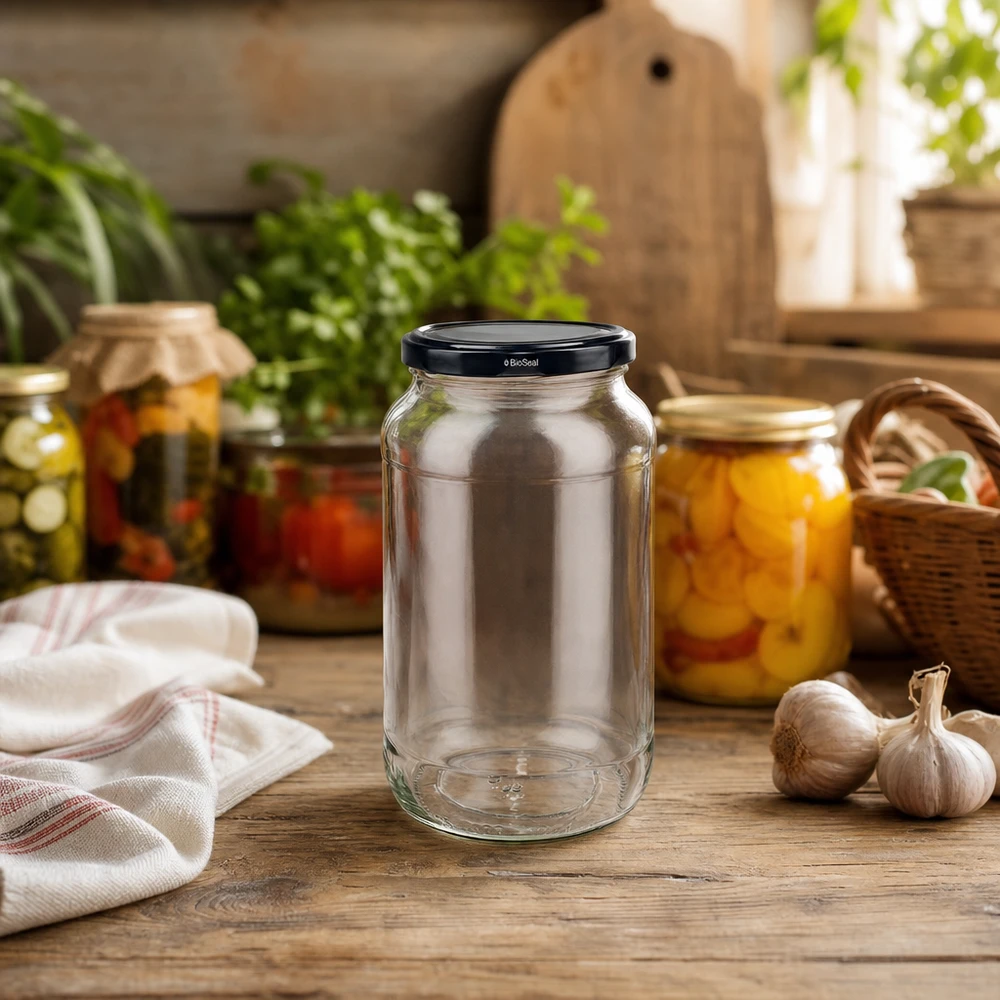 1062ml tarro redondo con tapa BioSeal negro UNiTWIST Tarro redondo UNiTWIST 1062 con tapa TO82 BioSeal en una cocina rústica con tarros de conserva y hierbas aromáticas