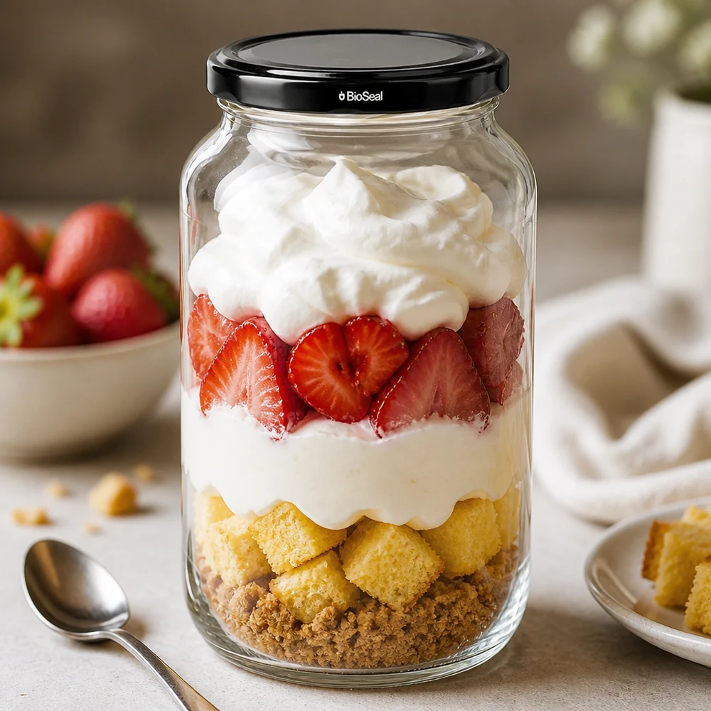 1062ml tarro redondo con tapa BioSeal negro UNiTWIST UNiTWIST Rundglas 1062 mit schwarzem TO82 BioSeal Deckel als Dessertglas mit Erdbeeren und Sahne Schichtdessert