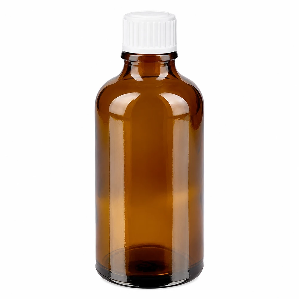 Frasco de farmacia de cristal marrón de 50 ml con tapón de rosca blanco de 11 mm