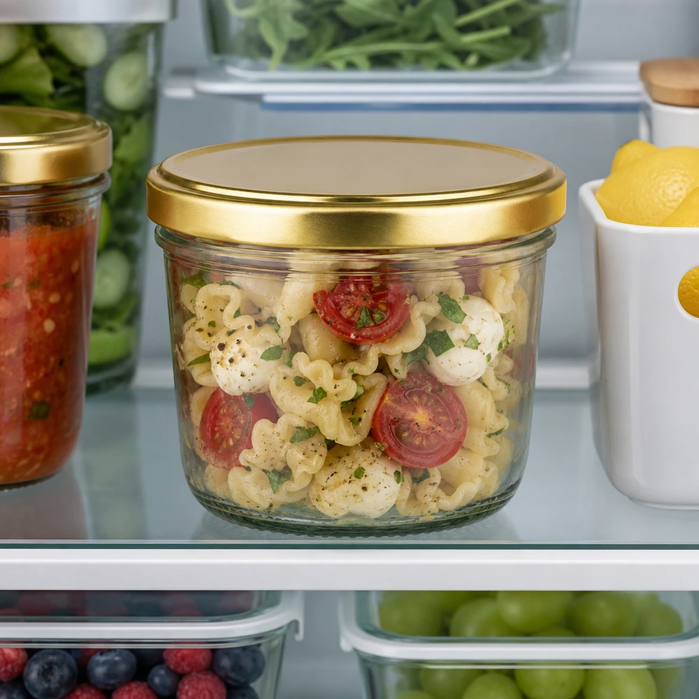 Vasos dorados BasicSeal de 230 ml en el frigorífico llenos de ensalada de pasta junto a otros recipientes de almacenamiento