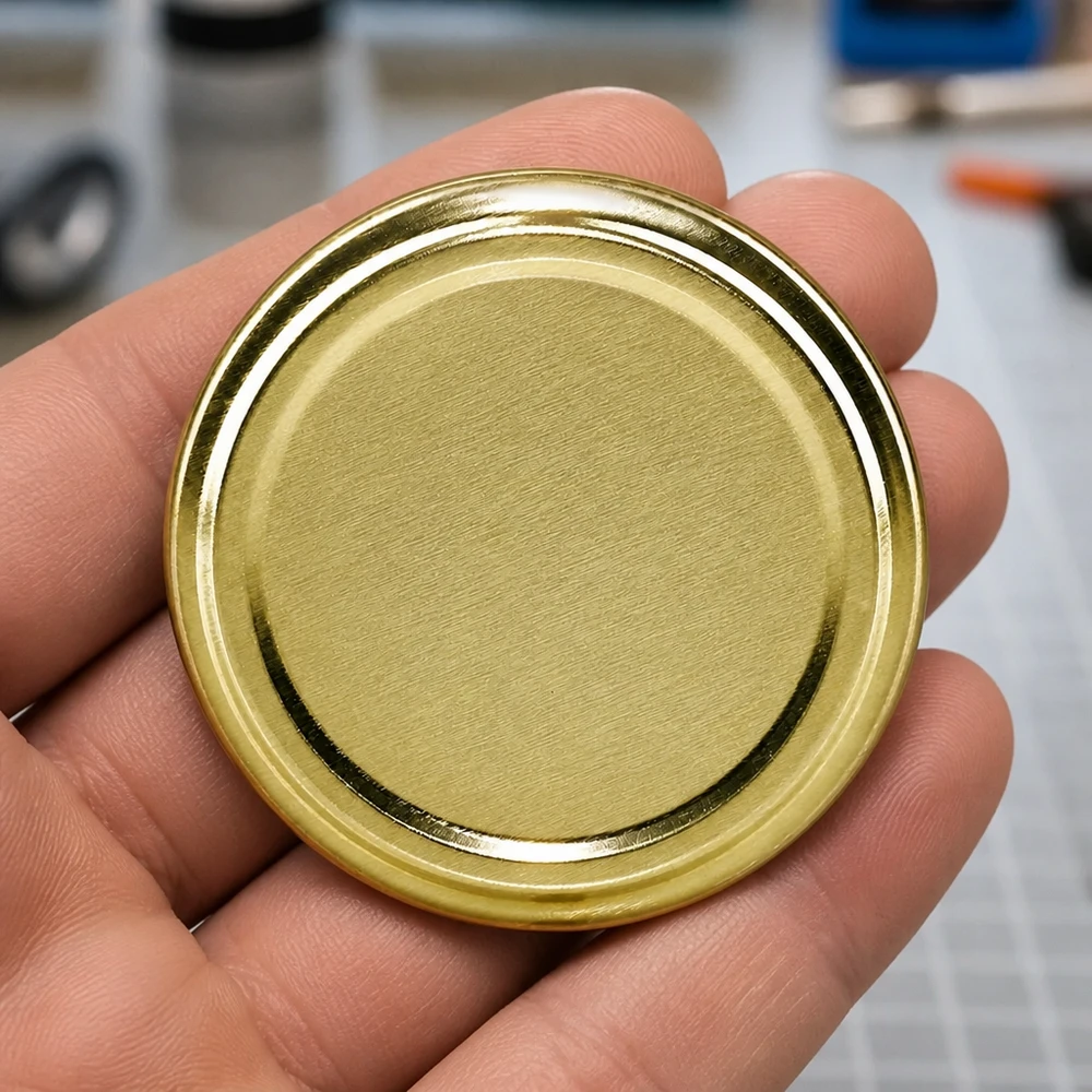 Tapa brillante para tarros BasicSeal TO66 dorada, de 66 mm de diámetro, de UNiTWIST. Primer plano