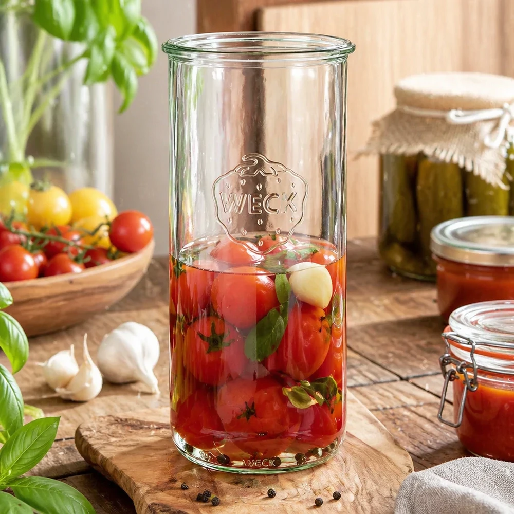 Tarro de conservas WECK RR100 de 1500 ml con tomates en escabeche sobre una tabla de madera, rodeado de tomates frescos y tarros de conservas