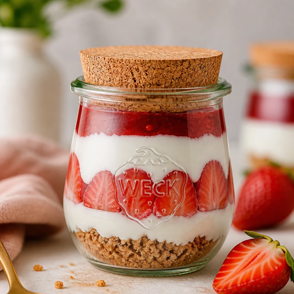 220ml tarro tulipán WECK RR60 con corcho natural WECK Tulpenglas 220ml RR60 mit Korken für Desserts Joghurt und Overnight Oats kreative Küchendeko mit Erdbeeren