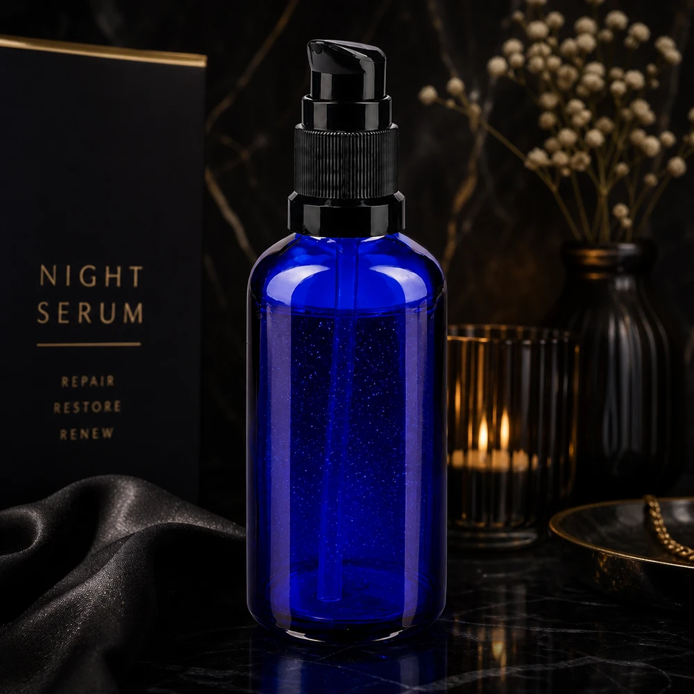 Elegante frasco de farmacia de 50 ml con dosificador de bomba, de color azul y con cabezal dosificador negro, para sérum de noche