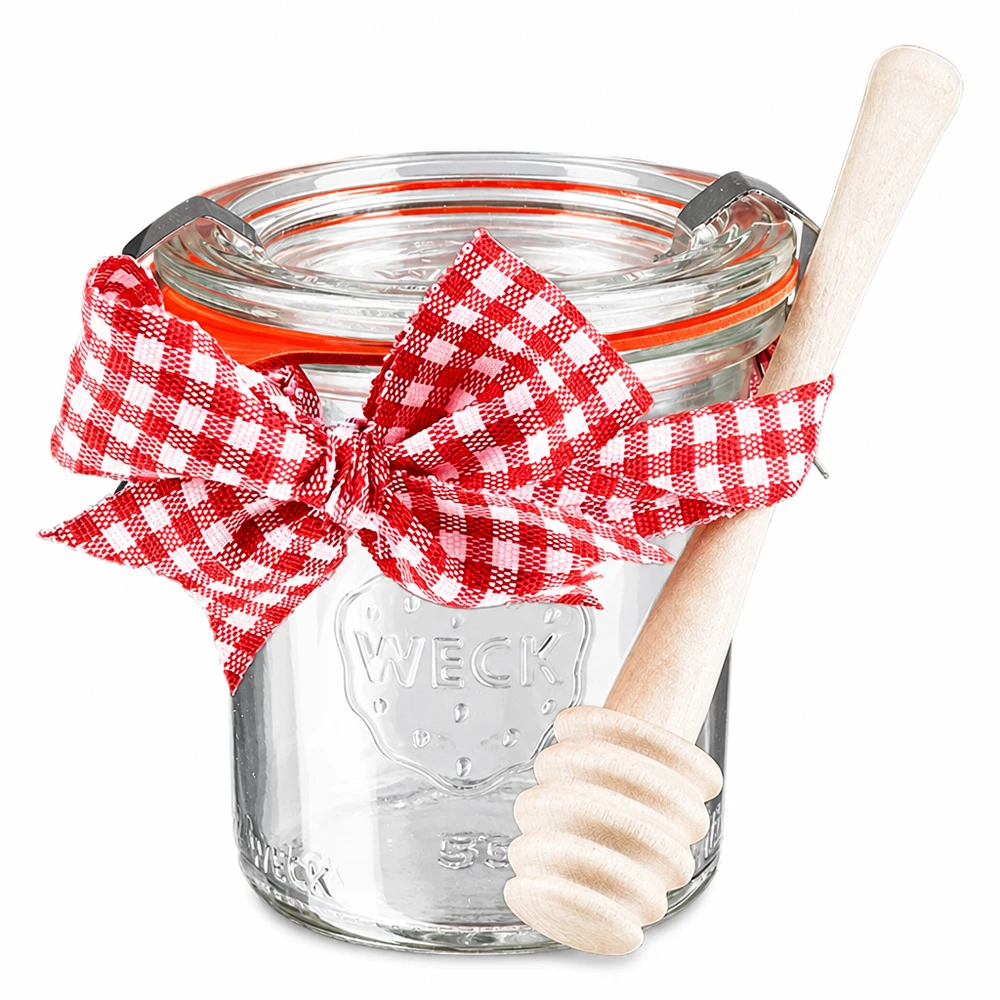 WECK-Mini-Sturzglas 140ml komplett mit Honiglöffel Juego completo de tarro de conserva WECK mini mason jar 140ml con tapa lazo rojo y cuchara de madera para miel