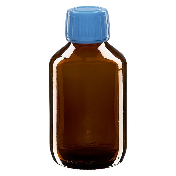 Frasco medicamento 150ml marrón, tapón azul con precinto de seguridad ApoGlas Frasco medicamento 150ml marrón, tapón azul con precinto de seguridad ApoGlas