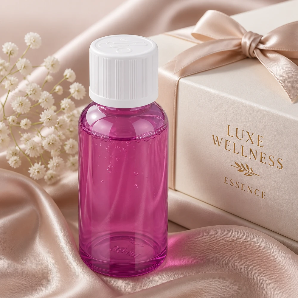 Botella de 30ml con tapón de rosca blanco de 11mm a prueba de niños PurpleLine UT18/30 Frasco compacto de vidrio violeta de 30 ml con tapón robusto de plástico blanco para un transporte seguro