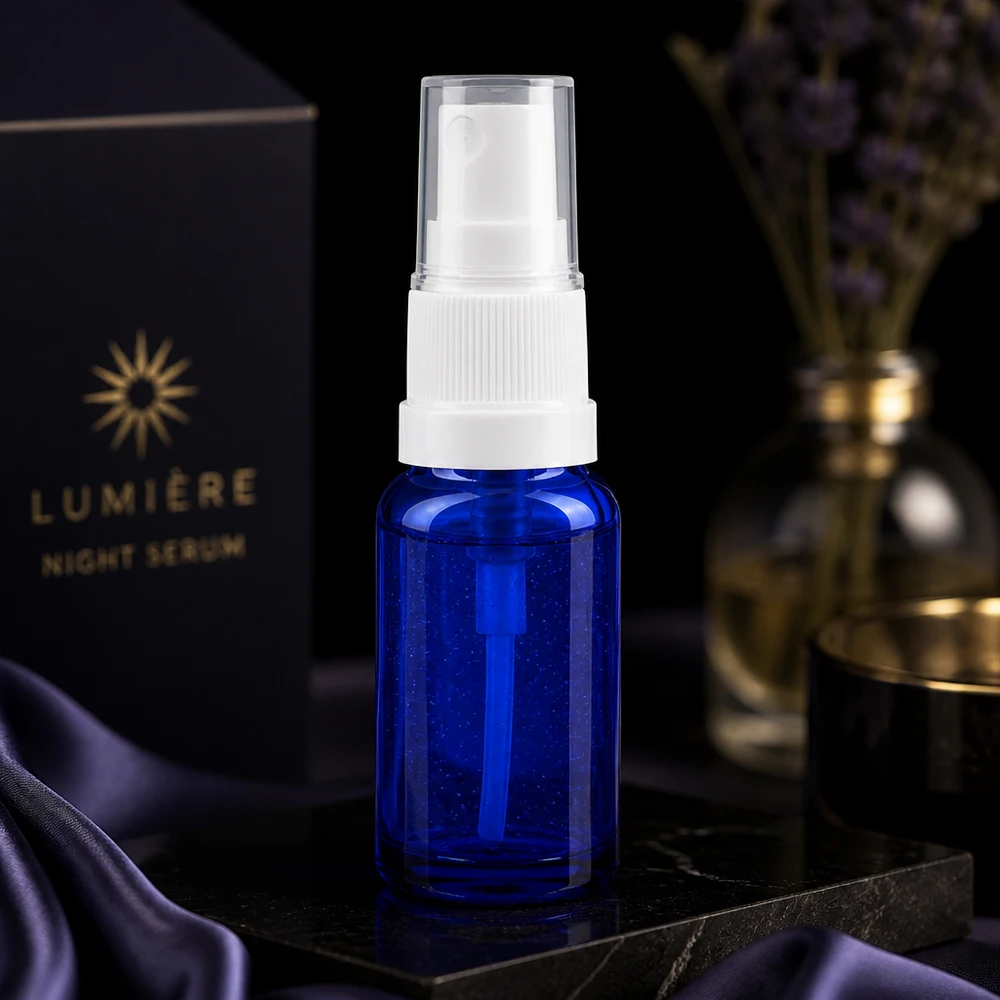 Pequeño frasco pulverizador de 10 ml de cristal azul con dosificador blanco, para sérums y productos cosméticos