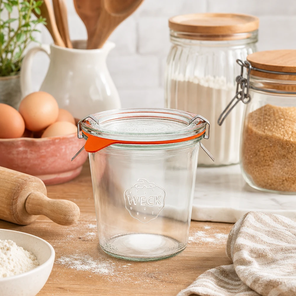 Vaso WECK 290ml RR80 vacío en ambiente de cocina natural con ingredientes de repostería harina huevos y utensilios de madera